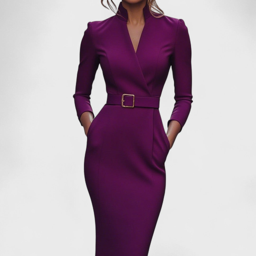 Hana - Vestido Negro Elegante con Cinturón y Cuello