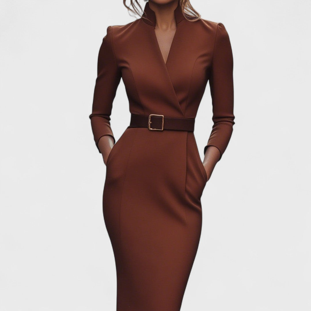 Hana - Vestido Negro Elegante con Cinturón y Cuello