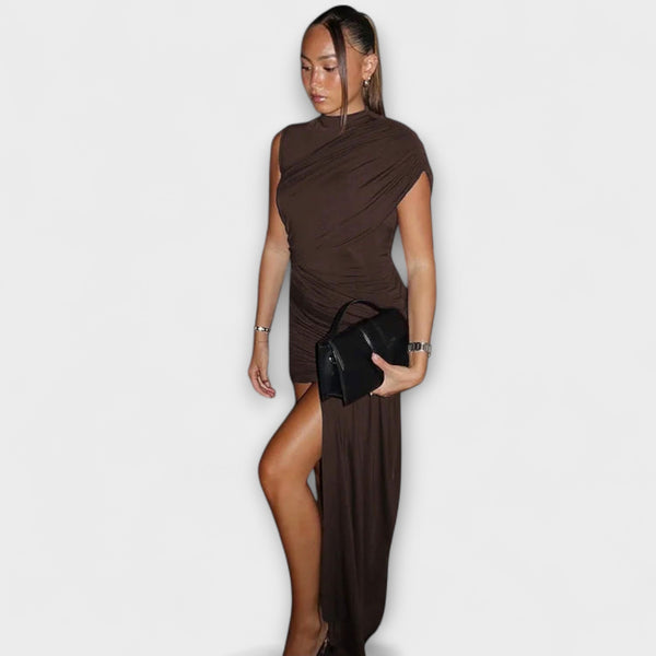 Lila - Vestido Elegante y Ajustado con Escote Redondo y Pliegues