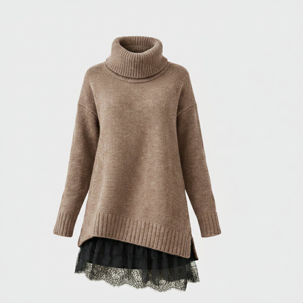 Sára | Vestido de Punto de Lujo con Cuello Alto y Detalles de Encaje