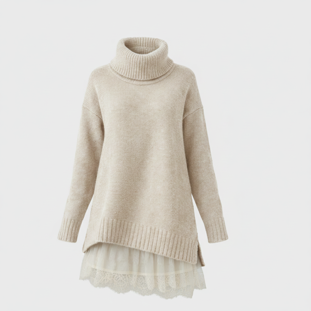 Sára | Vestido de Punto de Lujo con Cuello Alto y Detalles de Encaje
