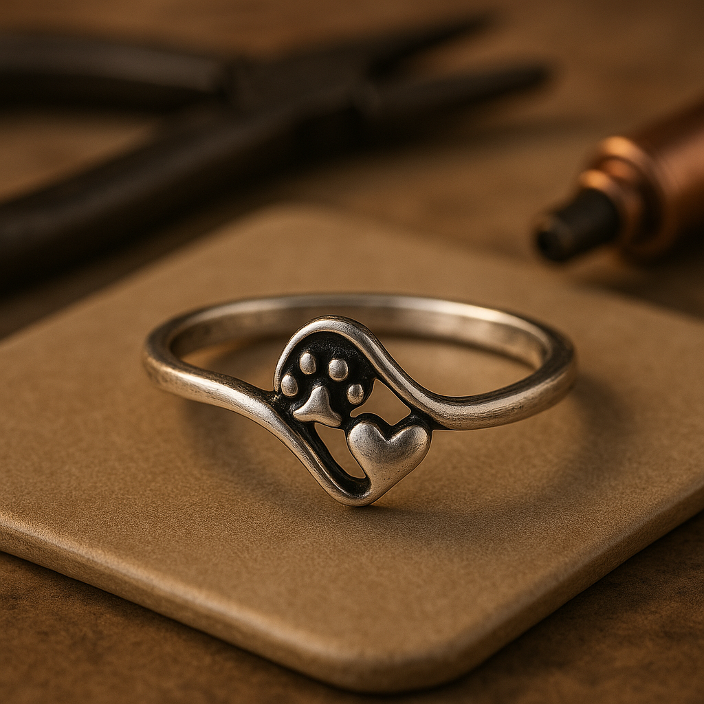 Silver Ring with Paw and Heart