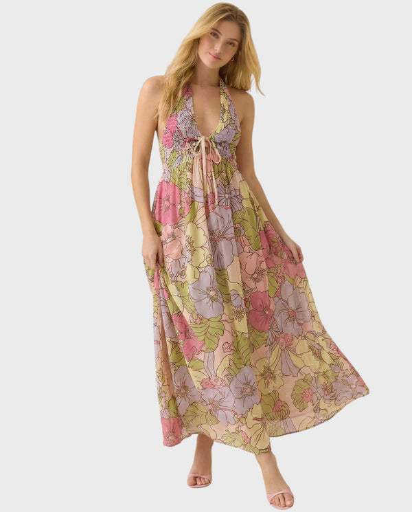 Vestido Maxi Floral de Playa para Mujeres con Cuello Halter