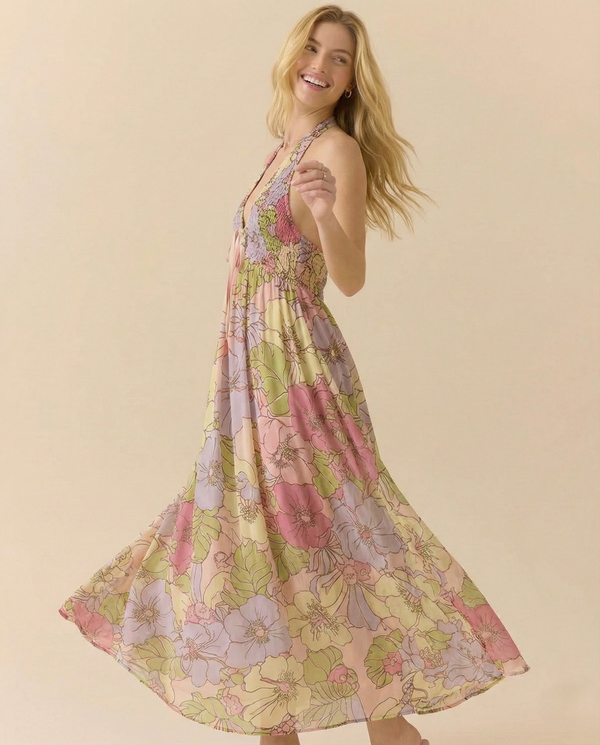 Vestido Maxi Floral de Playa para Mujeres con Cuello Halter