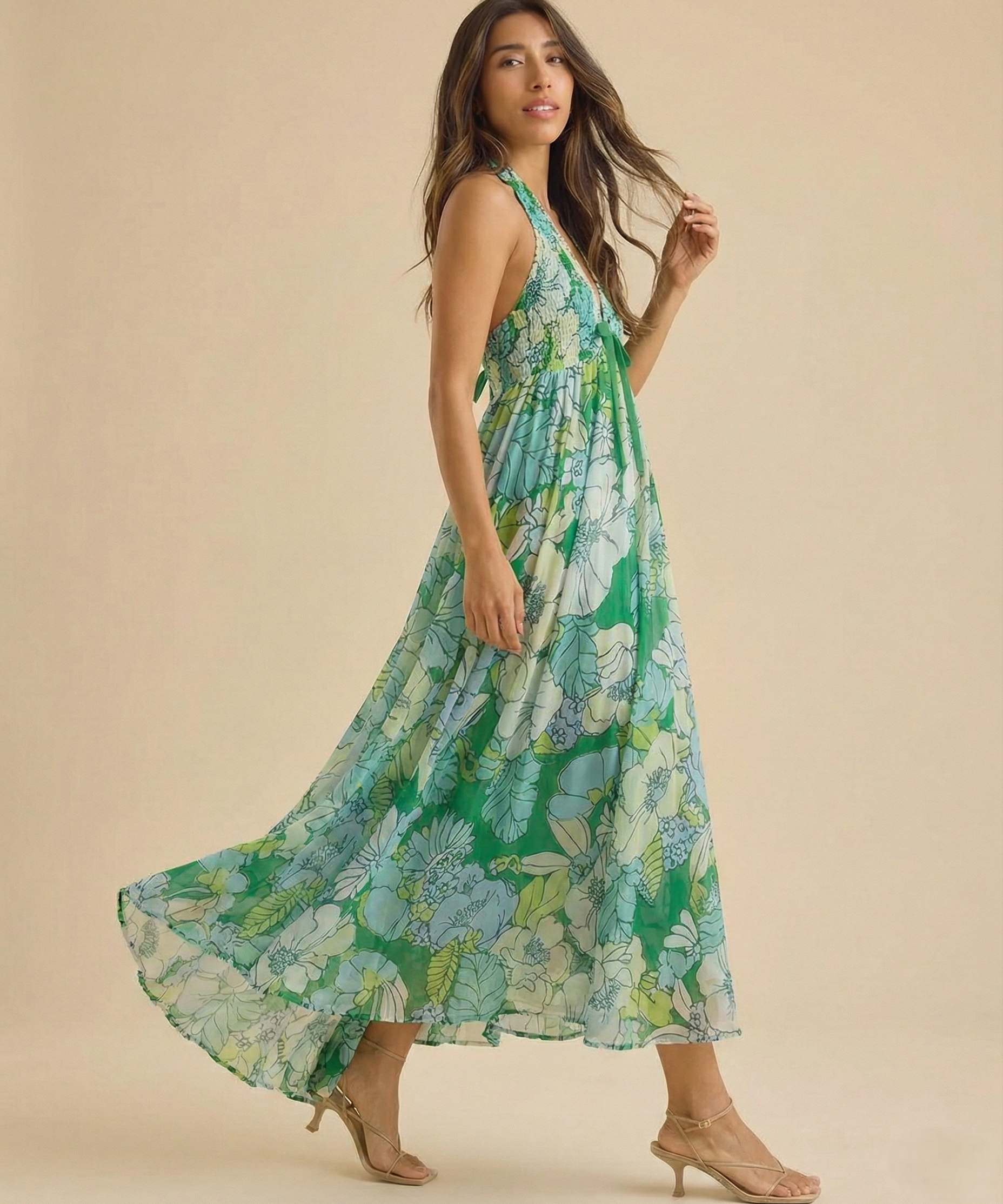 Vestido Maxi Floral de Playa para Mujeres con Cuello Halter