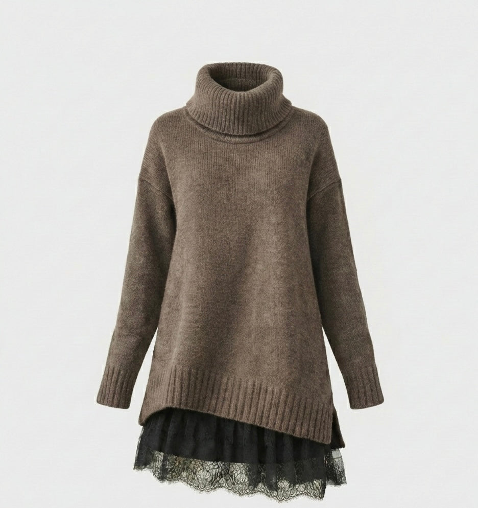 Sára | Vestido de Punto de Lujo con Cuello Alto y Detalles de Encaje