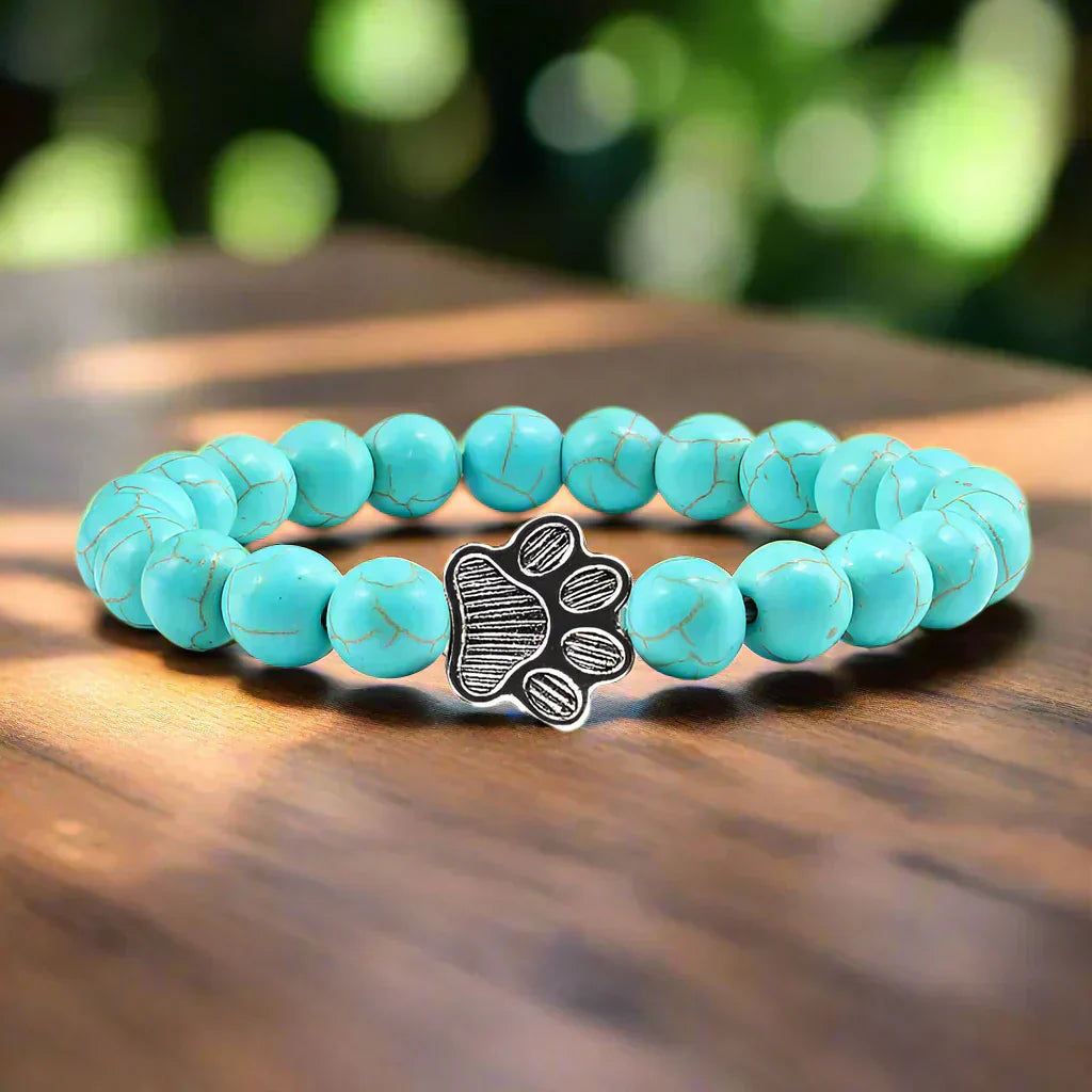 Natural Stone Necklace with Paw Pendant – Elastic Beaded Bracelet for Men and Women