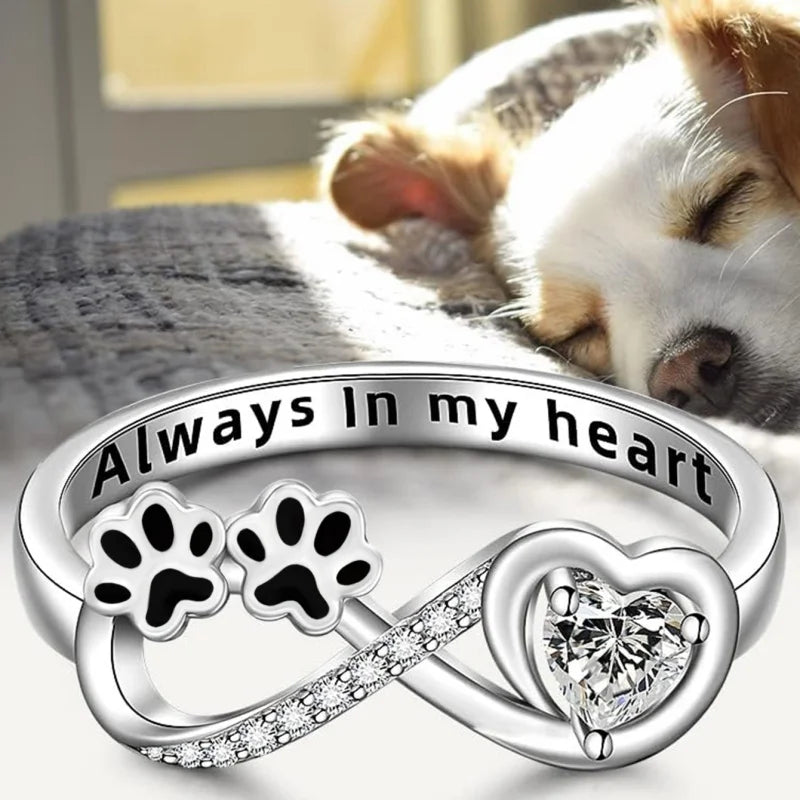 Ring with Paw Print, Heart of Zircons, and Infinity Symbol