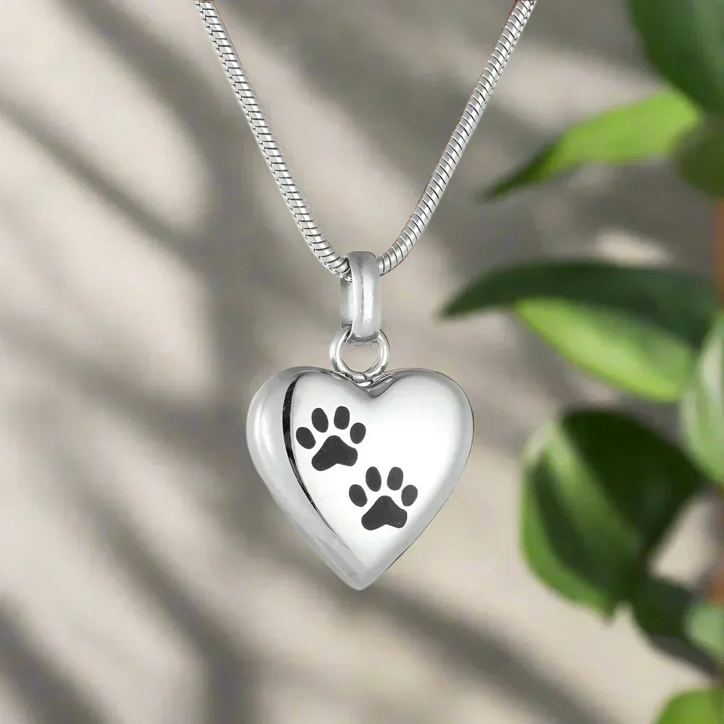 Memorial Necklace with Paw Heart – Urn Pendant in Stainless Steel