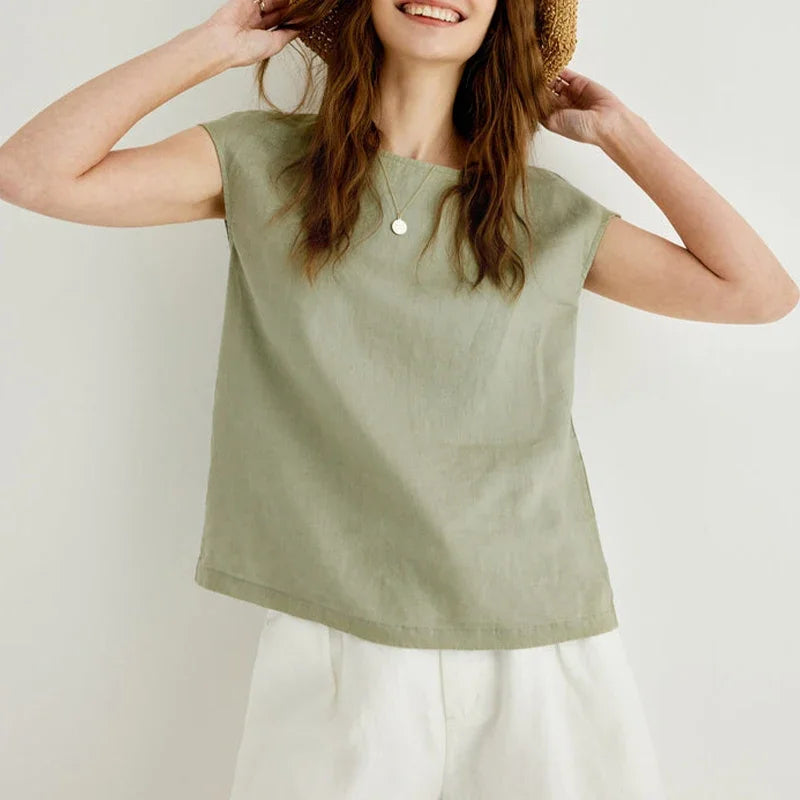 Camiseta de lino con mangas florales