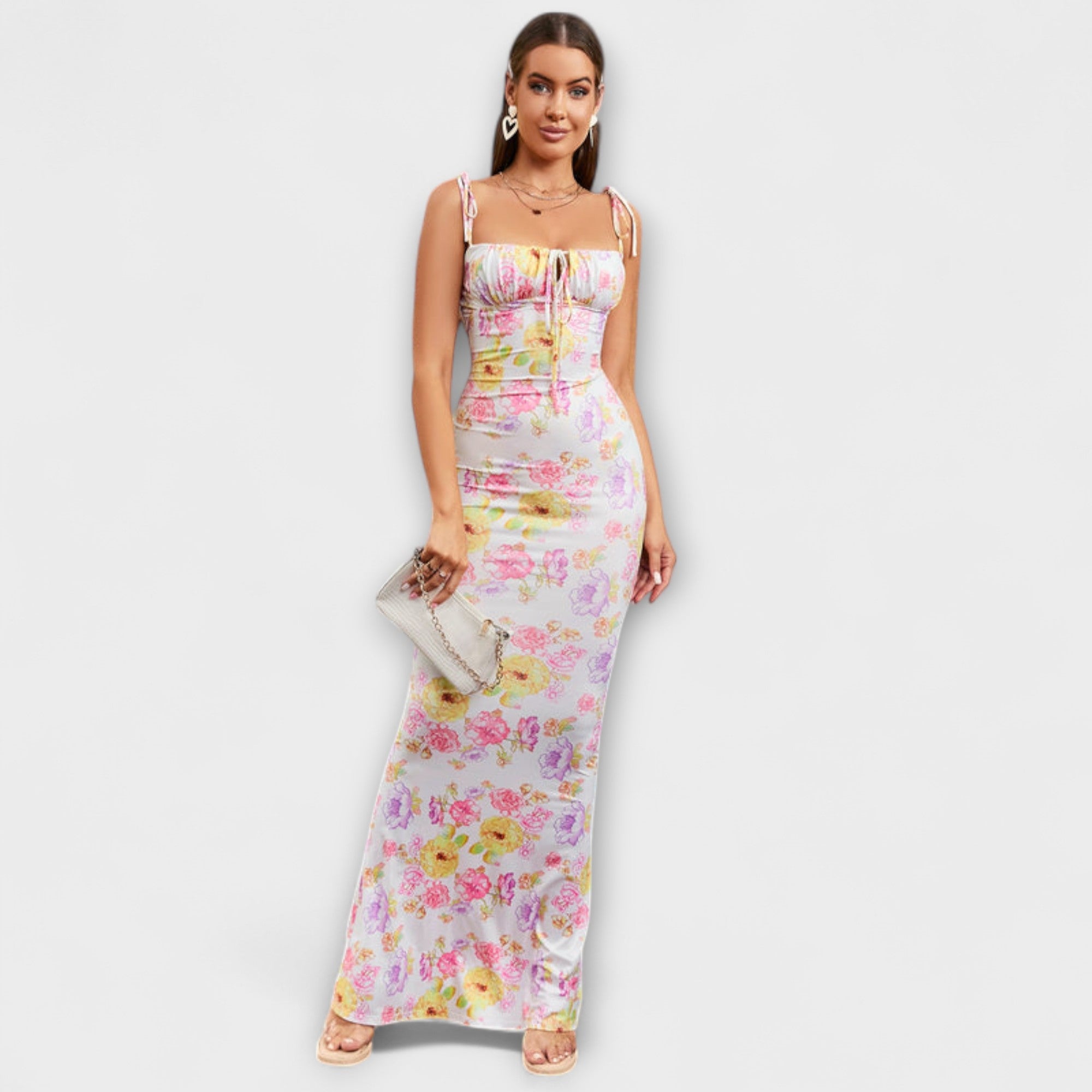 Thalia - Vestido de Prom con Estampado Floral y Tirantes Atados