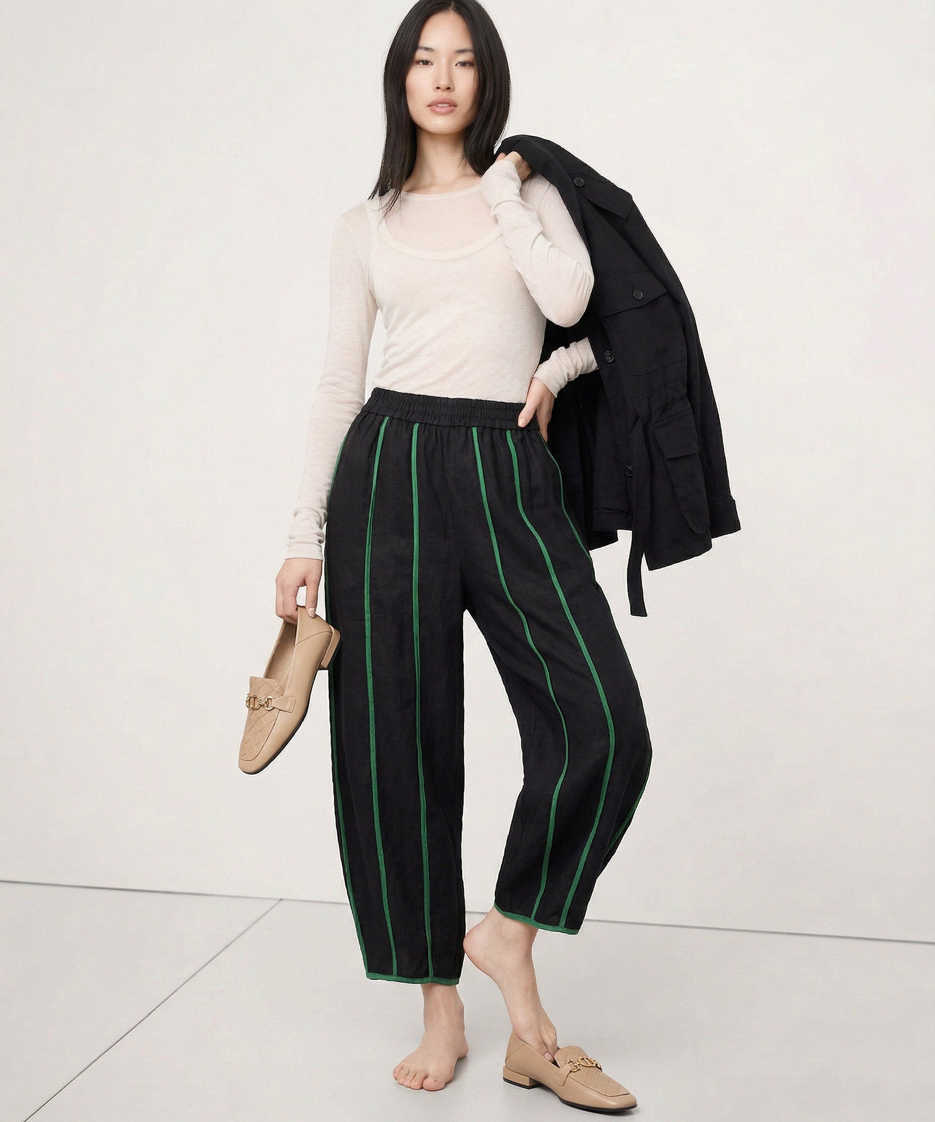 El Pantalón de Lino de Pierna Ancha con Raya Verde