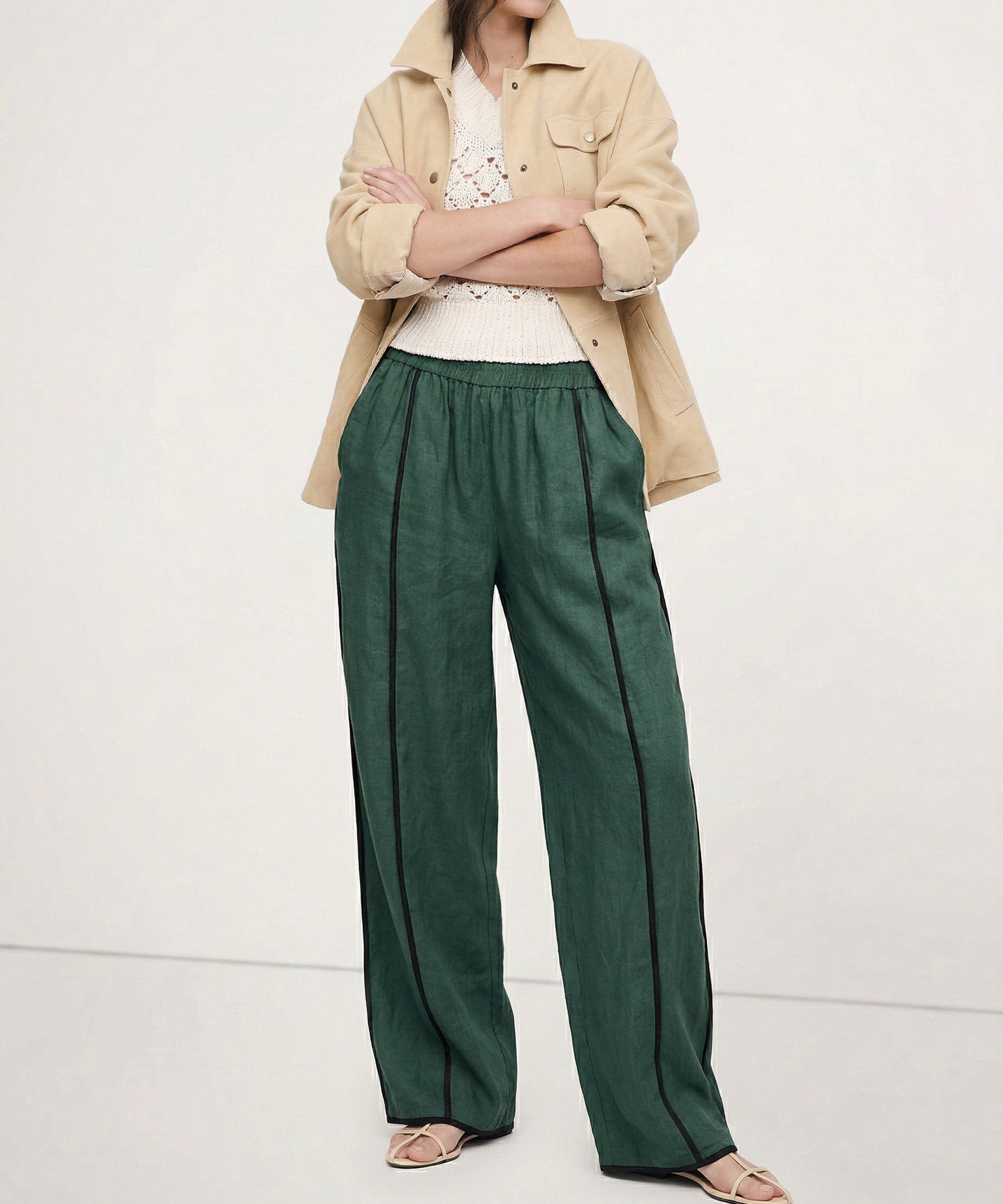 El Pantalón de Lino de Pierna Ancha con Raya Verde